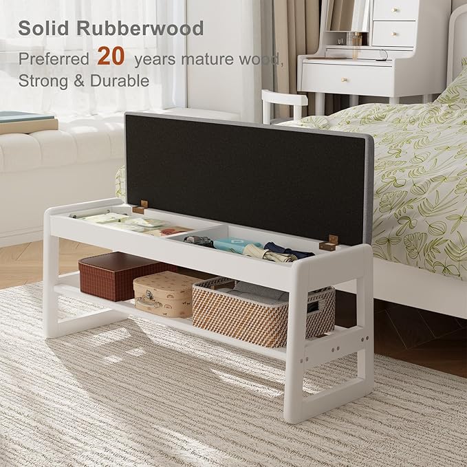 AQIMUELE Small Shoe Rack Bench,2 Tiers Shoe Bench with Storage with Flip-Top,Wood Shoe Rack for Entryway,Hallway（White Upholstered Seat）