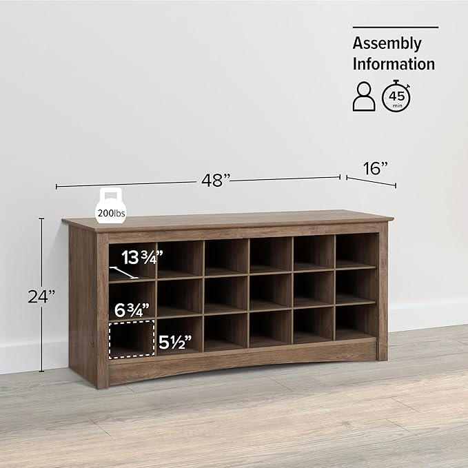 Prepac Gray Shoe Cabinet, Entryway Bench, Mud Room Organization and Storage Bench with 18 Shoe Cubbies 16"D x 48"W x 24"H
