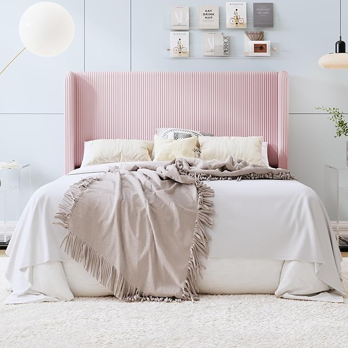 SHA CERLIN Queen Size Corduroy Upholstered Platform Bed Frame with Vertical Channel Tufted Wingback Headboard, 8" Under Bed Storage, Wooden Slats & Metal Frame Support, Easy Assembly, Light Pink