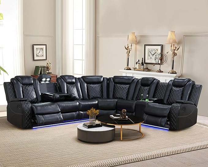 Power Recliner Sectional Sofa with LED, Breathing Leather Reclining Sectional Couch, L Shaped Couch with Dual Recliners, USB Port, Cup Holder&Storage for Living Room (Black)