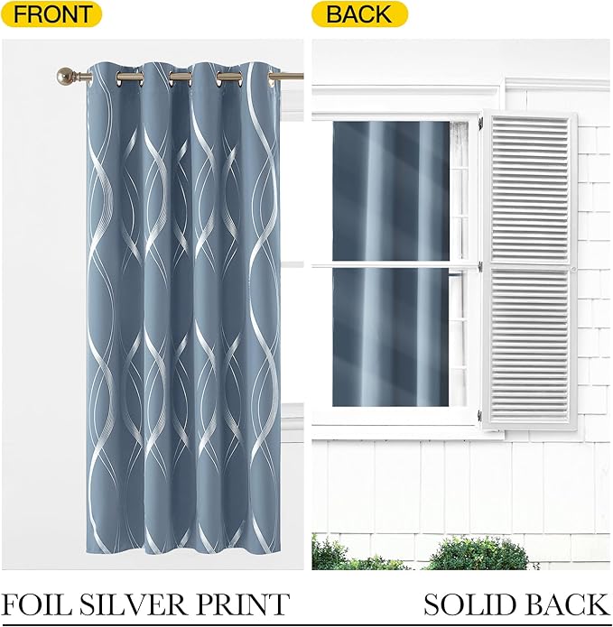 NICETOWN Vintage Blue Foil Printed Curtain for Extra Wide Window, W66 x L84 inch, Wave Line Design Modern Style Drapes Privacy Protection for Room Divider, 2 Panels