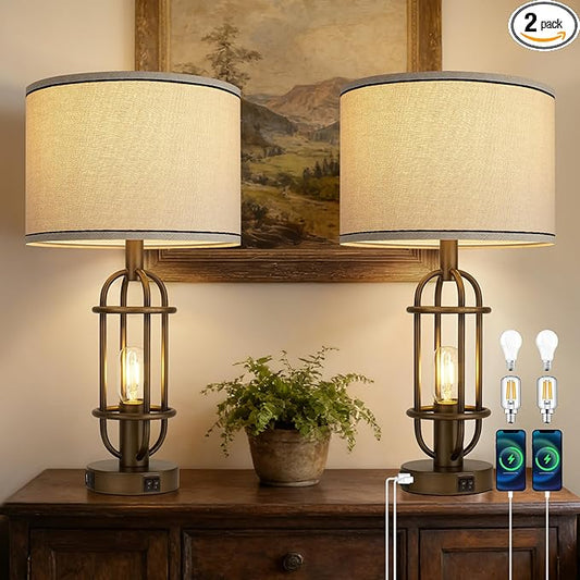 Table Lamps for Living Room Set of 2, 22.3" Farmhouse Lamps for Nightstand, Industrial Table Lamps for Bedroom with USB Ports