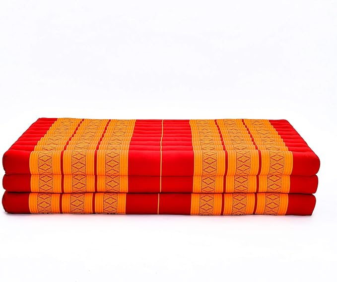 Leewadee Trifold Mattress XL – Comfortable Thai Massage Pad, Foldable Relaxation Floor Mattress Filled with Kapok, Perfect to Use as a Sleeping Mat 79 x 39 inches, Orange Red