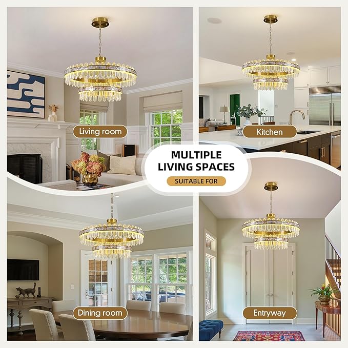 2-Tier Round LED Crystal Chandelier for Living Room - Large 3 Colors Stepless Dimmable Gold Chandeliers,Modern Adjustable Height high ceiling Light Fixture for Dining Room Entryway With Remote Control