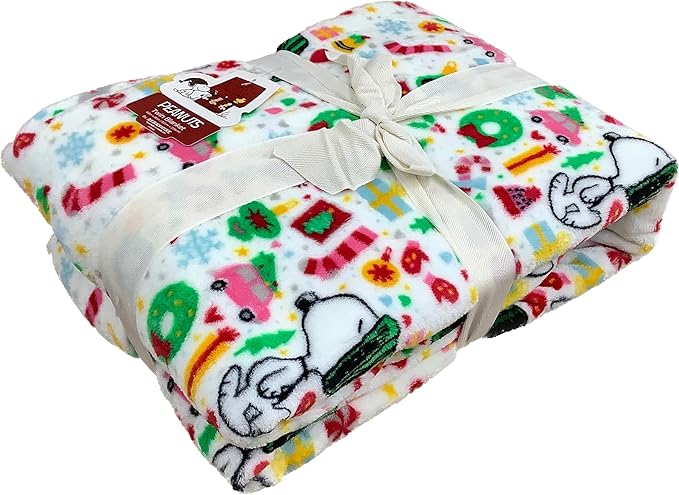 Berkshire Blanket & Home Co Peanuts Winter Blanket, Polyester (White - Green Hat, Wreaths, Pink Stockings, Pink Cars, Full/Queen)