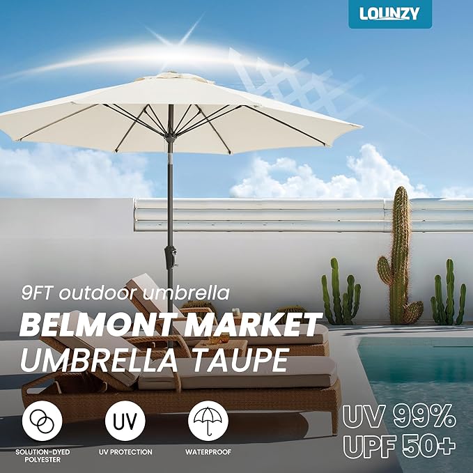 LOUNZY 9FT Large Outdoor Patio Umbrella Table Umbrella-UV Resistant,Easy Push Button Tilt and Crank,8 Sturdy Fiberglass Ribs Pool Umbrella for Patio,Backyard,Deck,Yard,Market