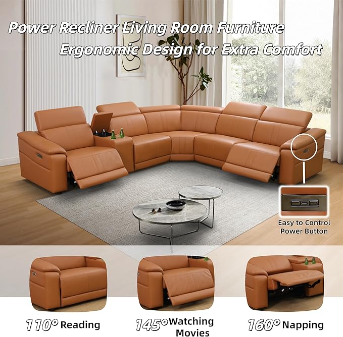 Power Recliner Sectional Couch, Breathing Leather Living Room Furniture Set, Reclining Corner Sectional Sofa with Storage Console/Cup Holders for Home/Office (Caramel, 5 Seater Couch)
