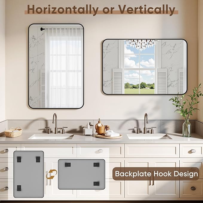 2-Pack Bathroom Mirrors for Over Sink 24" x 36", Black Metal Frame Rounded Corner Rectangle Wall Mirror, Modern Farmhouse Vanity Mirror(Horizontal/Vertical)