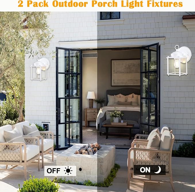 Outdoor Wall Lantern, Exterior Waterproof Wall Sconce Light Fixtures, White Front Porch Lights with Clear Glass, Anti-Rust Metal Outside Lighting Fixture for House Doorway Garage, 2-Pack