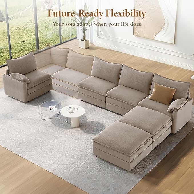 Vesgantti 142" U Shaped Sectional Couch, Comfy Cloud Modular Sectional Sofa with 2 Ottoman Deep Seat Chenille Modern Cloud Sofa, Modular Sofas for Living Room, Bedroom and Apartment, Light Brown | Sink-in Comfort, Height Adjustable, Easy Rearrangement,...