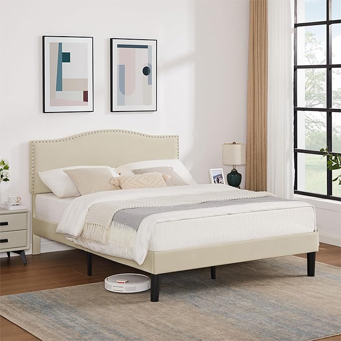 VECELO Queen Bed Frame Platform Bed Frame with Upholstered Headboard, Strong Frame and Wooden Slats Support, Strong Weight Capacity, Non-Slip and Noise-Free, Easy Assembly,Beige