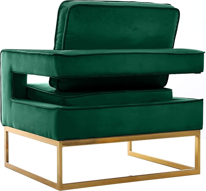 Meridian Furniture Noah Collection Modern | Contemporary Velvet Upholstered Accent Chair with Durable Stainless Steel Base, Green, Gold Base