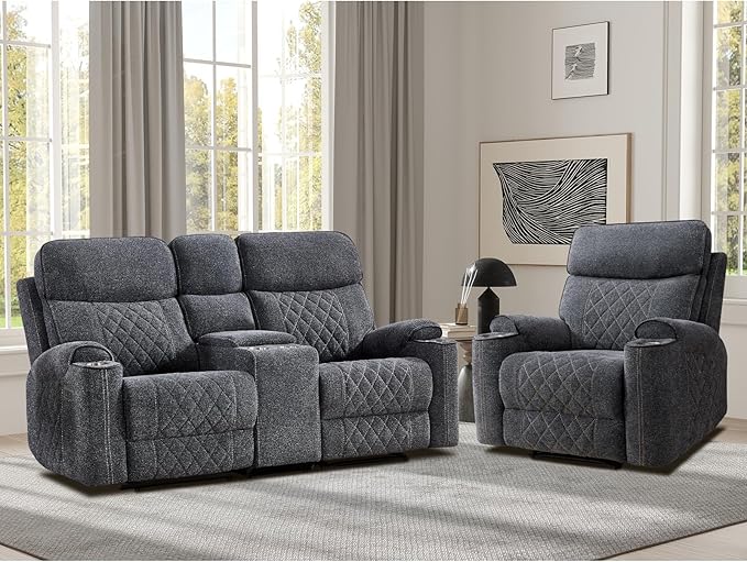 EBELLO Power Reclining Sofa Set, Fabric Electric Recliner Chair and Loveseat Sofa with Cup Holders, USB and Type-C Charging Ports and Storage Space, 3 Seats for Small Living Room, Grey