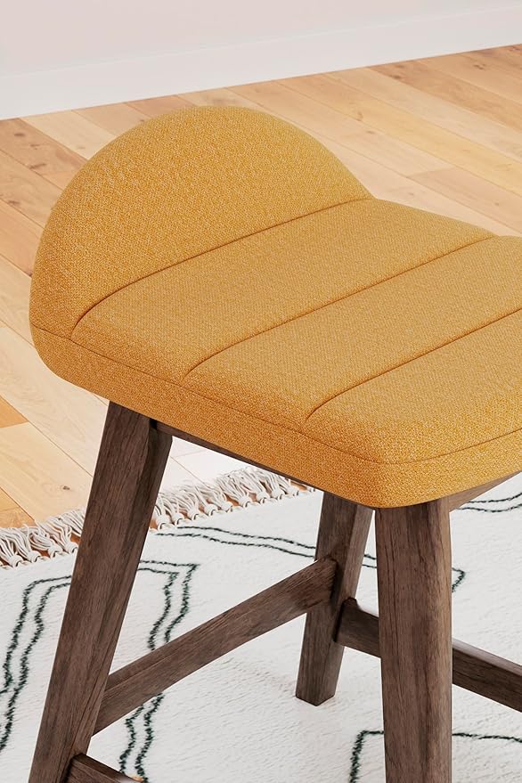 Signature Design by Ashley Lyncott Contemporary 24.25" Seat Height Counter Height Upholstered Bar Stool with Foam Cushion, 2 Count, Mustard Fabric, Solid Hardwood Frame with Brown Finish