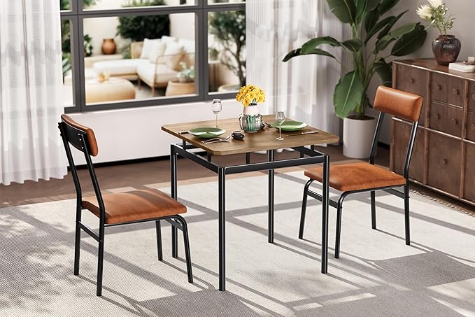 Garvee 3 Piece Dining Table Set, Kitchen Table Set for 2 with 2 PU Upholstered Chair, Industrial Metal Frame Dinette Set for Small Space, Dining Room, Apartment, Studio, Brown