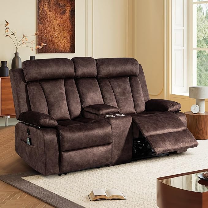 Power Reclining Loveseat with Heat & Massage, Dual Recliner Sofa with Console, Cup Holders, USB & Type-C Ports, 2 Seater Electric Reclining Couch for Living Room, RV (Brown, 2 Seat)
