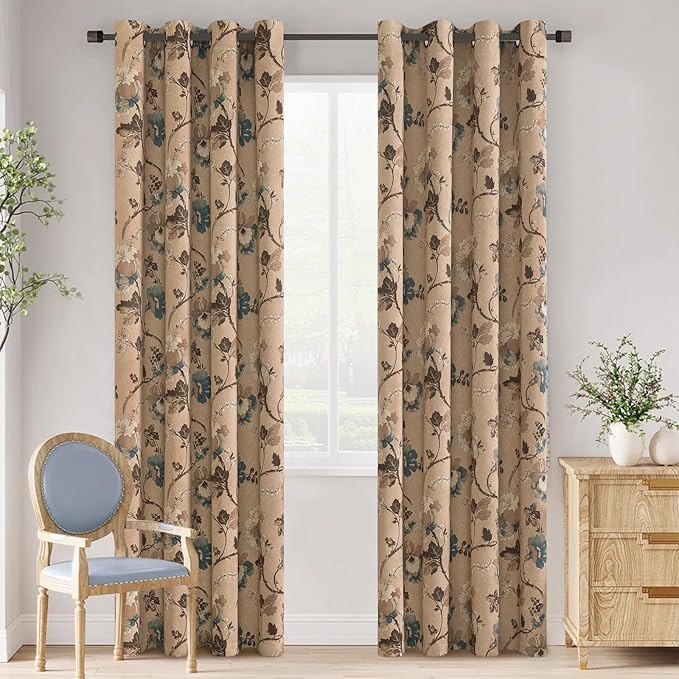 H.VERSAILTEX Blackout Curtains for Bedroom/Living Room Thermal Insulated Printed Curtain Drapes 84 Inches Long Energy Efficient Room Darkening Curtains Pair (2 Panels), Vintage Floral Brown & Blue