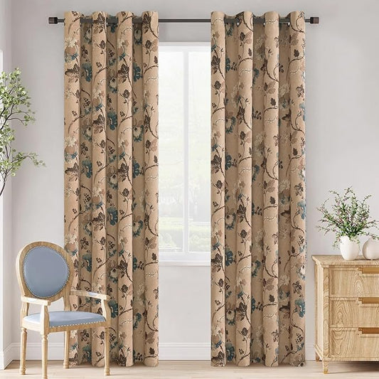 H.VERSAILTEX Blackout Curtains for Bedroom/Living Room Thermal Insulated Printed Curtain Drapes 84 Inches Long Energy Efficient Room Darkening Curtains Pair (2 Panels), Vintage Floral Brown & Blue