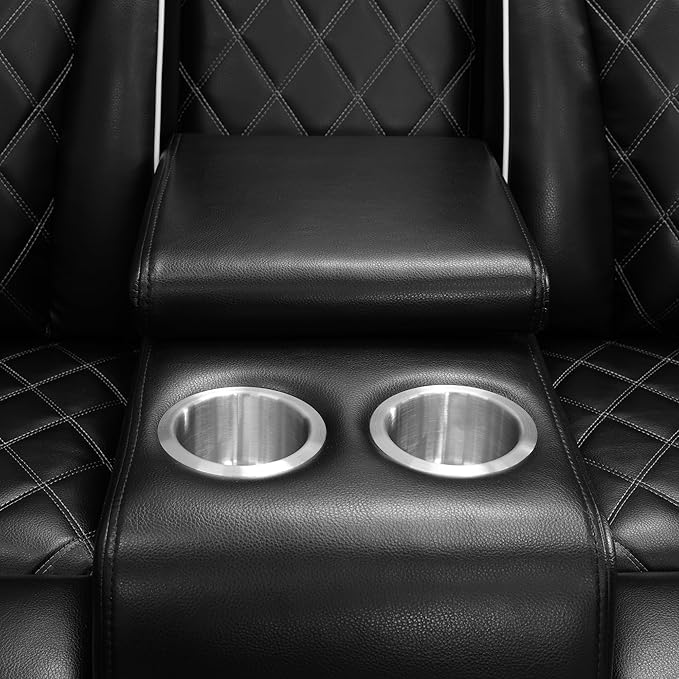 Power Reclining Loveseat for Living Room, Air Leather Recliner Couch with Storage Console, Cup Holders, LED Lighting&USB Charging Port for Home Theater RV (Black)