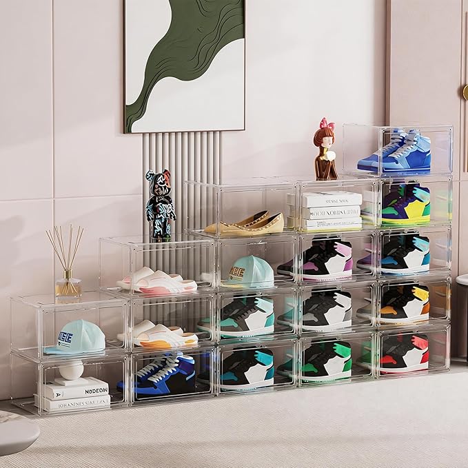 HIYOHIYO 8 Pack 360° Acrylic Clear Shoe Organizer for High-end Sports Shoes, All Clear Display Shoe Storage Box, Fully Transparent Display Case with Magnetic Door, Fit Size 14 (14.2"x10.6"x7.8")