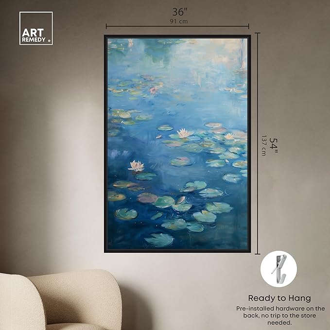 Art Remedy Lilypads In Blues Framed Impressionism 1 Piece Canvas Wall Art/Monet And Van Gogh Inspired Art, 37" x 55", Black Frame