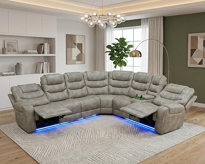 Breathing Leather Recliner Sectional Sofa with LED, Power Reclining Sectional Couch for Living Room, L Shaped Recliner Couch 6 Seat with USB Port&Cup Holders (Grey)