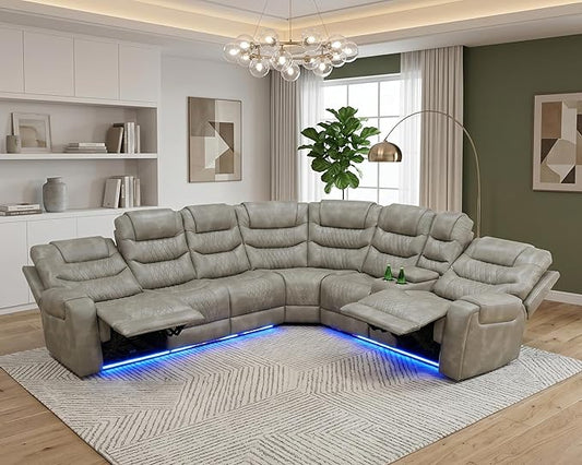 Breathing Leather Recliner Sectional Sofa with LED, Power Reclining Sectional Couch for Living Room, L Shaped Recliner Couch 6 Seat with USB Port&Cup Holders (Grey)
