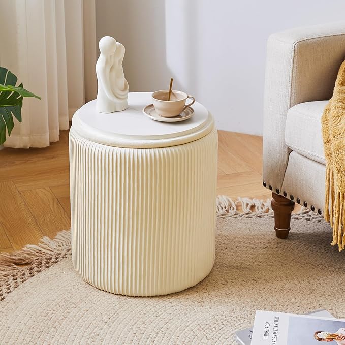IBUYKE Round Ottoman with Storage Set of 2 Boucle Ottoman End Table for Living Room Vanity Stool Velvet Footrest Stool Bar Stool White UWBD005W