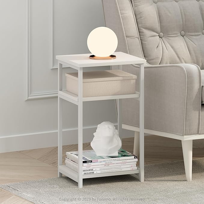 Furinno JUST Side Table, 3-Tier Metal Frame Modern End Table with Open Shelf, Night Stand, Bedside Table, for Living Room, Bedroom, White