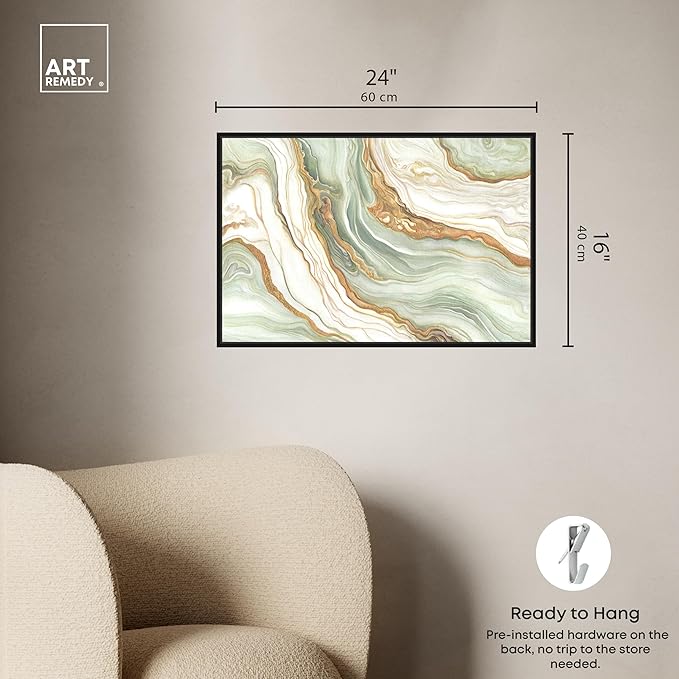 Art Remedy Green And Gold Framed Mineral, Agate & Geode 1 Piece Canvas Wall Art, 25" x 17", Black Frame