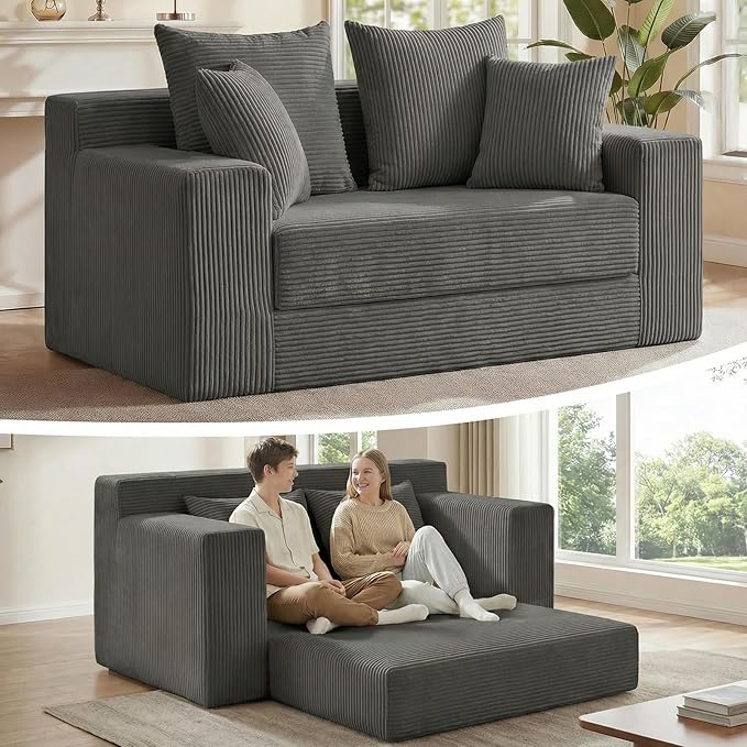 3-in-1 Convertible Sofa Bed: Boneless Loveseat Sleeper & Folding Couch Bed with 4 Pillows & Detachable Cushion for Bedroom, Small Space, Guest and Living Room, Corduroy Futon, No Assembly,Grey