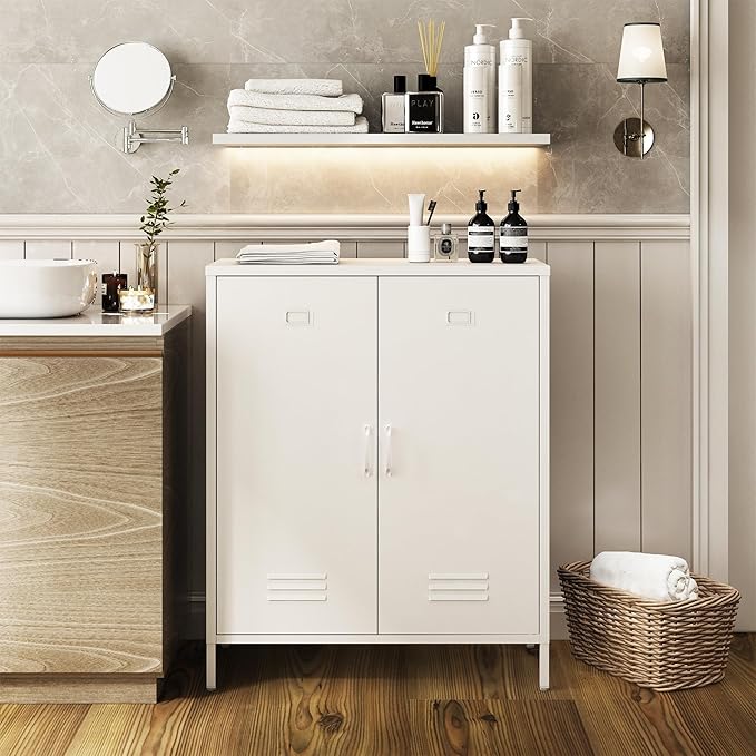 Metal Storage Cabinet with 2 Door, Steel Locker Sideboard Buffet Cabinet Console Table for Home Office (White, H35.43'')