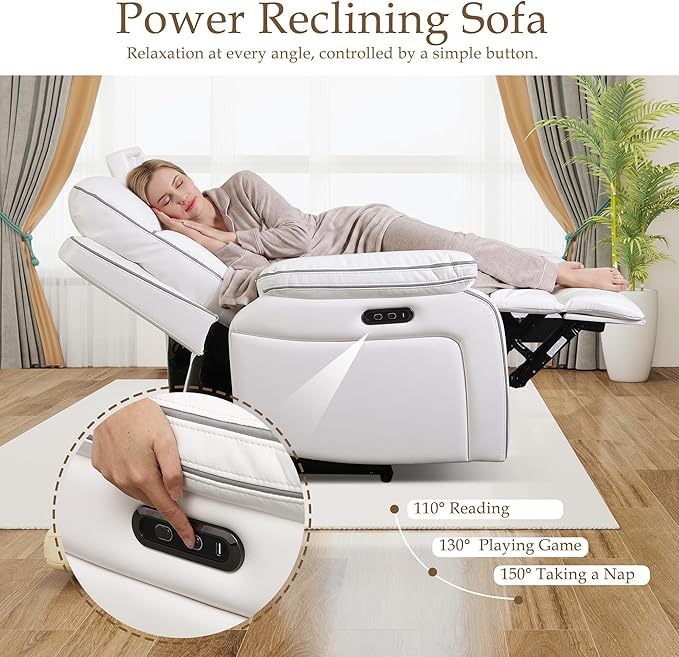 Power Reclining Loveseat with LED Reading Light/Storage Drawer, Power Loveseat Recliner Sofa, Reclining Loveseat with Bluetooth Speakers/Outlets/Breathing Leather (White, 3 Seat)