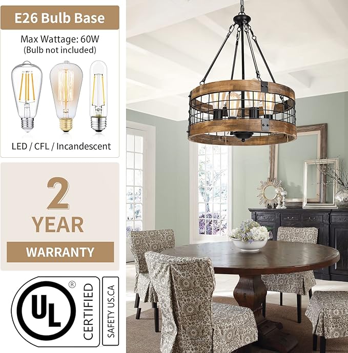 4-Light Rustic Chandelier for Entryway, Round Farmhouse Light Fixtures for Dining Room, Industrial Drum Hanging Pendant Lighting for Kitchen Island, Nature Wood Texture and Black Metal Finish