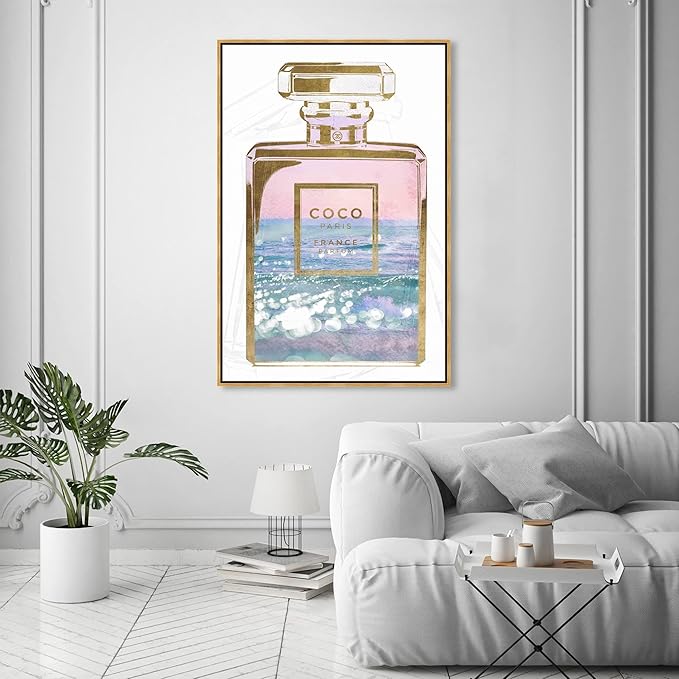 The Oliver Gal Artist Co. Fashion and Glam Wall Art Framed Canvas Prints Blush Ocean Spray Perfume Home Décor, 36" x 54", Gold Floater
