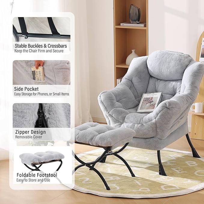 Lazy Chair with Ottoman, Modern Chair with Folding Footrest, Plush Grey Accent Chair, Comfortable Reading Chair, Oversized Armchairs for Bedroom, Study, Living Room, Courtyard