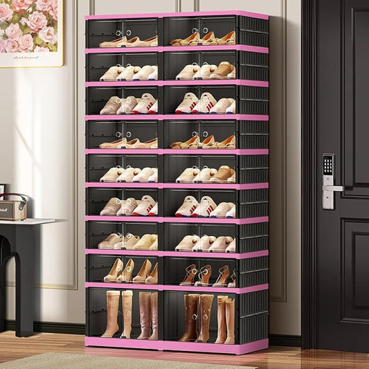 9-Tier Foldable Shoe Rack Organizer for Closet,36 Pairs Collapsible Plastic Shoe Shelf,Large Shoes Cabinet with Door,Clear Stackable Storage Box Easy Assembly（Black-Pink）