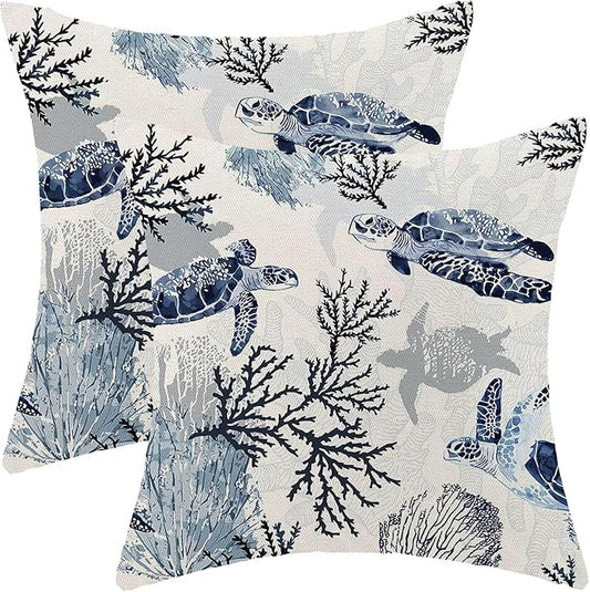 BETGINY Coastal Throw Pillow Cover 20 x 20 Inch Pack of 2, Beach Themed Blue Coral Sea Turtle Decorative Pillow Covers Square Linen Nautical Ocean Pillow Cases Cushion for Bedroom Home Sofa Decor