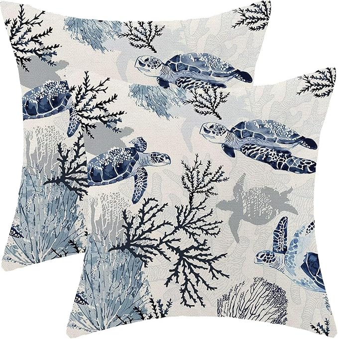 BETGINY Coastal Throw Pillow Cover 16 x 16 Inch Pack of 2, Beach Themed Blue Coral Sea Turtle Decorative Pillow Covers Square Linen Nautical Ocean Pillow Cases Cushion for Bedroom Home Sofa Decor
