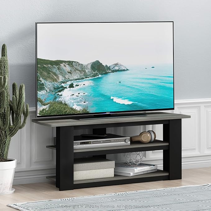 Furinno PARSONS TV Stand, 3-Tier Entertainment Center with Storage Shelf, Open Frame TV Console for TV up to 50 Inch, for Living Room, Bedroom, Oak Grey