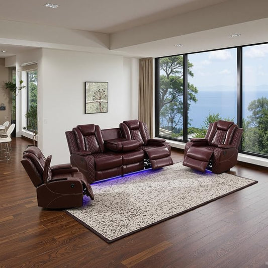 Power Leather Recliner Sofa Set with LED Light,Reclining Sofa and 2*Chairs Set with Coffee Table/USB Charger/Storage,Luxury Leather Couch for Living Room/Home Theater(3+1+1 Seats,Burgundy)