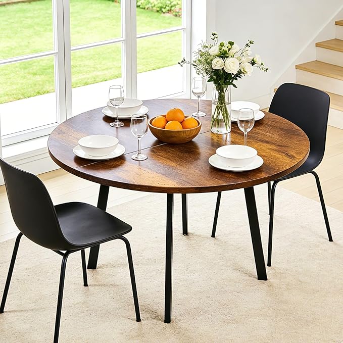 Karl home 35.4in Small Dining Table, Round Dining Table with Wood Finish Steel Legs, Circle Dinner Tables for Small Space, Apartment, Office, Kitchen, for 2 to 4 Person-Rustic Brown
