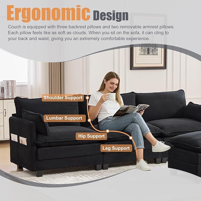 103" Oversized Modular Sectional Sofa Couch with Reversible Ottoman, Free Combination Convertible Corner Couch,Corduroy Upholstered Cloud Sectional Couch with Side Pockets | Multiple Cushions, DIY Combination, Removable Cover