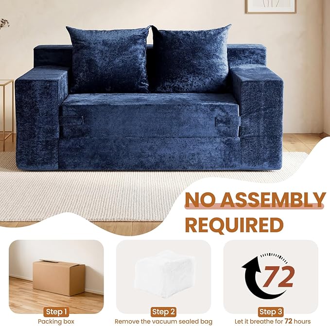 Convertible Sofa Bed, 5 in 1 Small Boneless Couch Pull Out Loveseat Sleeper Sofa,Corduroy Futon Couch Folding Mattress with 4 Pillows for Living Room (Blue, Loveseat(Silky Velvet))