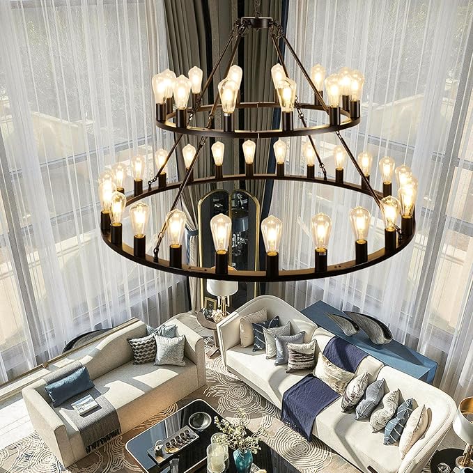 Wagon Wheel Chandelier 2 Tier 48-Inch 36-Light, Farmhouse Industrial Chandelier Black Rustic Pendant Light Fixture Extra Large for High Ceilings, Living Room Foyer