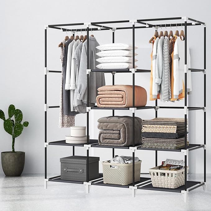 51 Inch Grey Portable Closet Bundle with 51 Inch Black Portable Wardrobe with 4 Hanging Rods, 16 Storage Organizer Shelves, Durable and Easy to Assemble