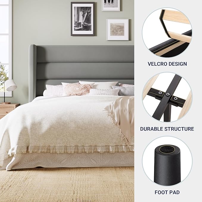 Allewie Queen Size Platform Bed Frame with Velvet Upholstered Wingback Headboard, No Box Spring Needed, Under Bed Storage Space, Strong Wooden Slats, Modern Mattress Foundation, Easy Assembly, Grey