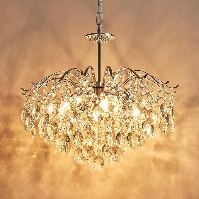 Saint Mossi Modern K9 Crystal Chandeliers, Middle Century Modern Design Chandelier Light Fixture for Dining Room, D20 x H17, Adjustable Chains 59", Chrome Finish Metal Frame