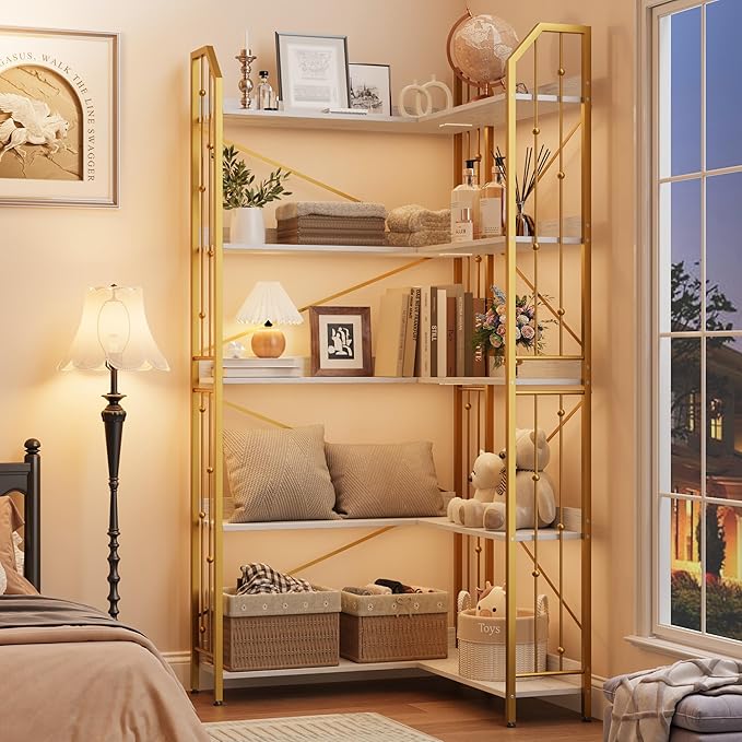 GarveeHome Corner Bookshelf 72" L Shaped Bookcase, Corner Bookshelves Industrial Bookcase 5 Tier L-Shape Bookshelf, Large Bookcases with Beaded Design Tall Display Rack Shelf for Living Room Bedroom