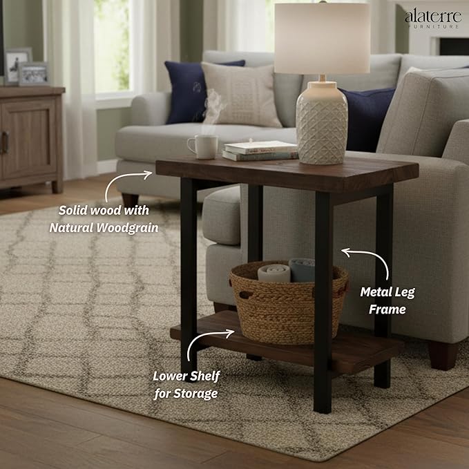 Alaterre Furniture Pomona Living Room Collection – 2-Tier Solid Wood End Table with Natural Finish and Metal Legs – Modern Farmhouse Accent or Home Décor (Rustic Brown)